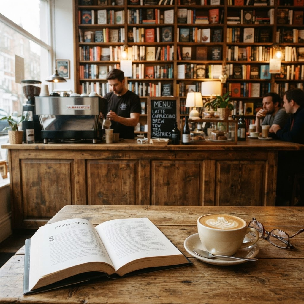 In-store coffee bar with espresso and books