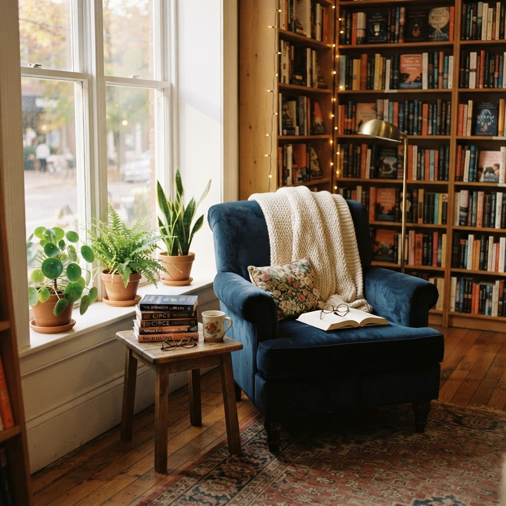 Cozy reading corner with armchair by the window