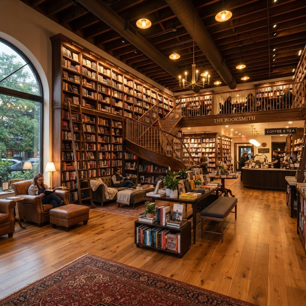 BookNest store interior with floor-to-ceiling shelves